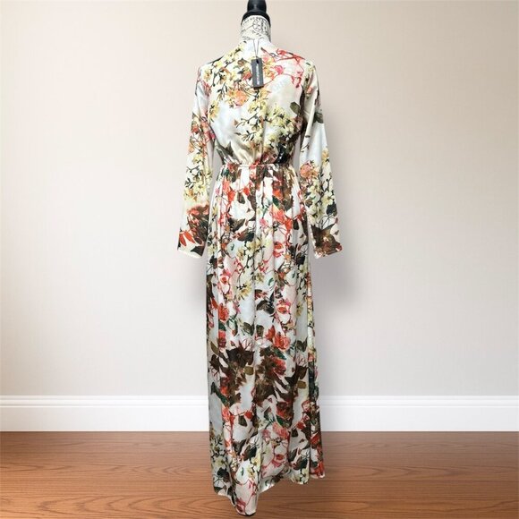 New PrettyLittleThing White Brown Floral V-Neck Maxi Dress Long Sleeve Slit Boho - Picture 6 of 6